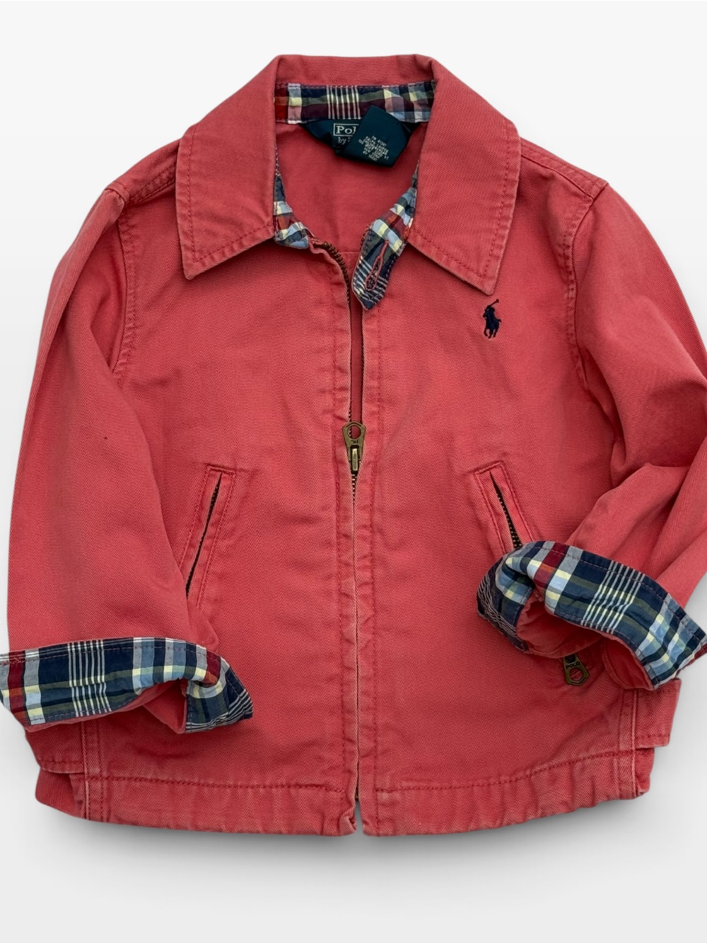 Polo Ralph Lauren Coral Red Chino Zip Jacket Toddler 2T Madras Plaid Lining